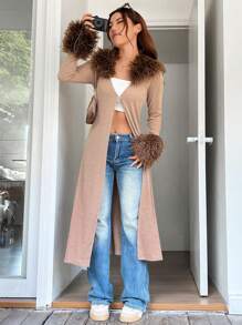 SHEIN EZwear Fuzzy Cuff Longline Coat - بني - مشاهدة 5