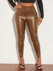 SHEIN SXY 側翻蓋口袋PU皮革緊身褲 - 棕色 - 查看 4