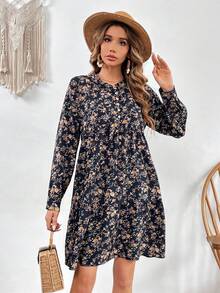 SHEIN VCAY Ditsy Floral Print Notched Neckline Dress - Black - View 6