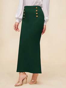 Modelyn Button Detail Mermaid Hem Skirt - Dark Green - View 5