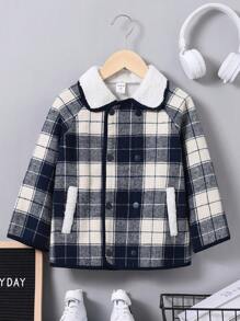 SHEIN Chico joven Abrigo con estampado de cuadros cuello de borreguito con forro teddy