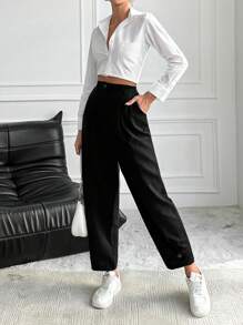 RueChic High Waist Button Detail Suit Pants - Black - View 6