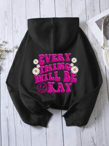 SHEIN EZwear 大码花卉标语图案落肩卫衣 - 黑色 - 查看 1