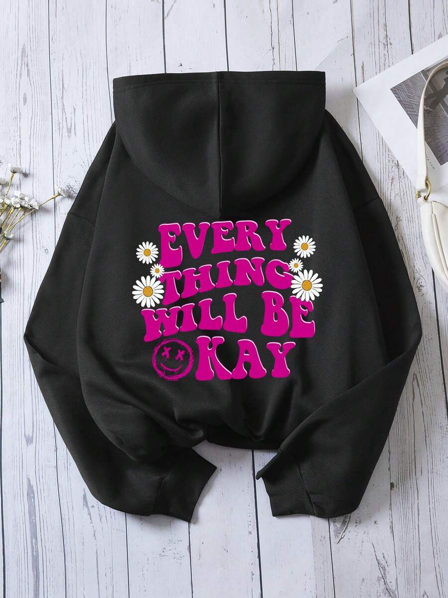 SHEIN EZwear 大码花卉标语图案落肩卫衣 - 黑色 - 查看 1