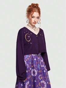 ROMWE Hippie Cárdigan con patrón de luna y estrella de hombros caídos - Morado - Ver 6