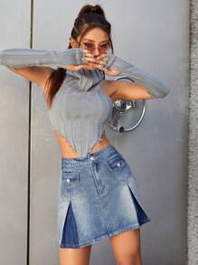 SHEIN ICON 翻蓋細節褶皺牛仔半身裙 - 藍色 - 查看 4