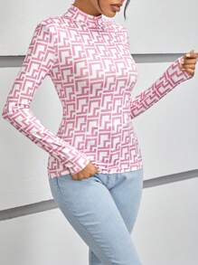 SHEIN Privé 幾何印花小高領T恤 - 粉色 - 查看 4