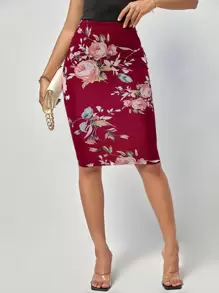 SHEIN Clasi 印花鉛筆裙 - 酒紅色 - 查看 5