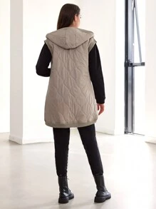 SHEIN Cottnline Slant Pockets Hooded Vest Onion Quilted Coat - Beige - View 2