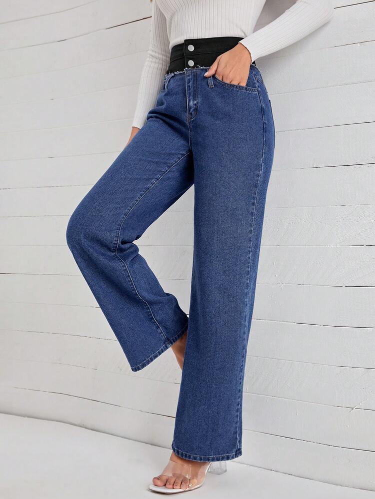 Contrast Waist Wide Leg Jeans
