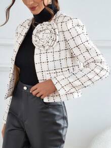 SHEIN Privé 格紋印花花卉圖案補丁貼開門襟花呢外套 - 白色 - 查看 6