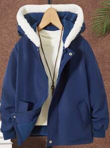 SHEIN Tween Boy 1pc Thermal Lined Hooded Coat - Navy Blue - View 1