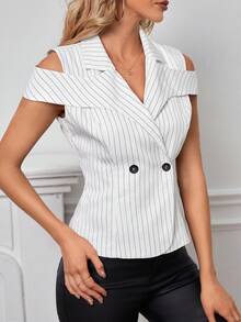 SHEIN Privé Striped Print Cold Shoulder Blazer - Black and White - View 3