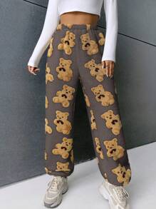 SHEIN EZwear Bear Pattern Teddy Pants - Brown - View 1