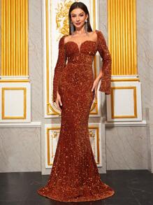 YISIKADO Abendkleid mit Sweetheart Ausschnitt, geteilten Ärmeln, Paillette - Gebrannte Orange - Übersicht 1