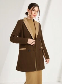 Modelyn Contrast Panel Lapel Neck Double Breasted Overcoat Fall Cloth For Women - Coffee Brown - View 5