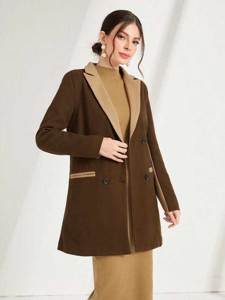 Contrast Panel Lapel Neck Double Breasted Overcoat Fall Cloth For Women