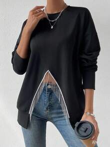 Chiquease Fringe Trim Drop Shoulder Asymmetrical Hem Sweatshirt - Black - View 6