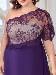 Plus One Shoulder Contrast Lace Chiffon Bridesmaid Dress - Purple - View 6