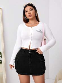 SHEIN ICON 大碼翻蓋口袋牛仔半身裙