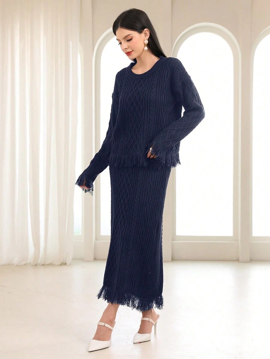 Seusyu Fringe Trim Drop Shoulder Sweater & Knit Skirt - Royal Blue - View 1