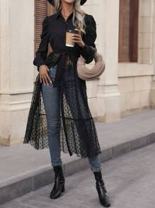 SHEIN LUNE Gigot Sleeve Ruffle Dobby Mesh Hem Belted Blouse - Black - View 4