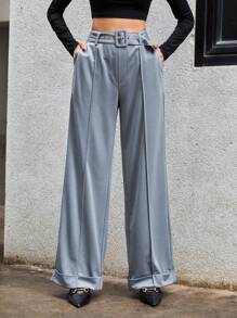 SHEIN Essnce Pantaloni suit vita alta cintura con fibbia gamba ampia - Grigio - Visualizzare 3