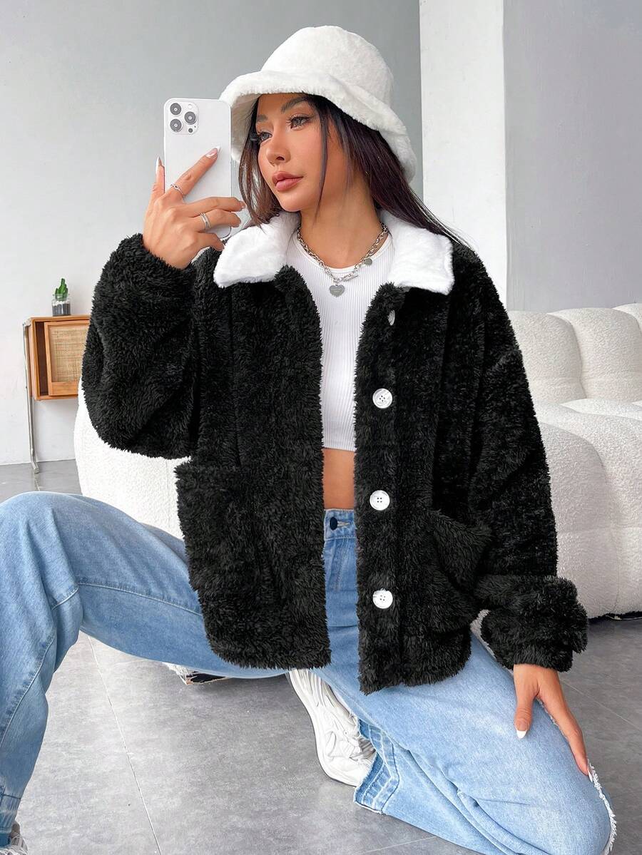 SHEIN EZwear Cổ áo tương phản Thả vai Áo Teddy Jackets - màu đen - Xem 1