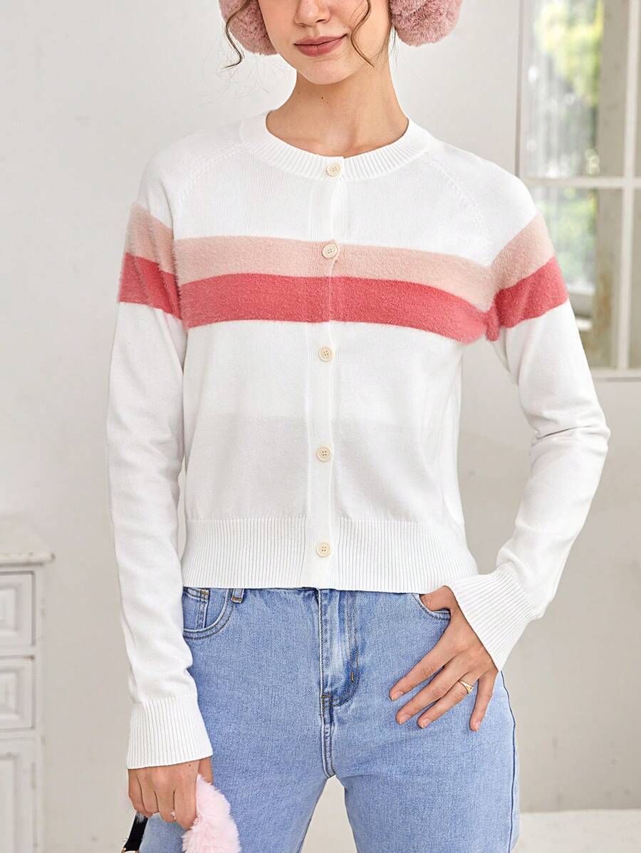 SHEIN EZwear Striped Pattern Raglan Sleeve Cardigan - White - View 1