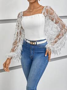 SHEIN Privé Contrast Mesh Lantern Sleeve Square Neck Fringe Trim Top - White - View 5