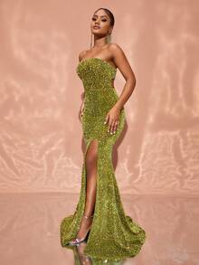 Split Thigh Sequin Formal Dress - Olive Green - View 4