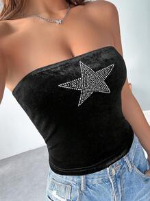 SHEIN EZwear 水鑽星星圖案抹胸上衣 - 黑色 - 查看 1