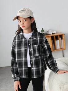 SHEIN 女大童格紋印花字母圖案落肩袖襯衫 - 黑與白 - 查看 5