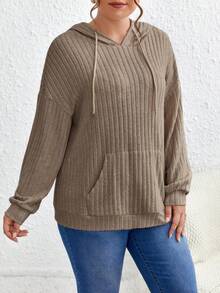 SHEIN Frenchy Áo nỉ cỡ lớn có túi kangaroo, vai rớt, dây rút. - màu nâu - Xem 5