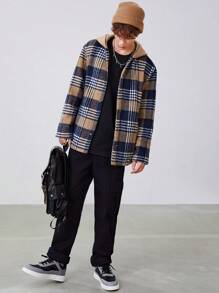 SHEIN Adolescent Garçon Manteau À Capuche À Carreaux - Multicolore - Voir 5