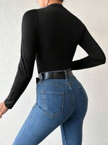 EURMUSE Solid Ruched Front Bodysuit - Black - View 2