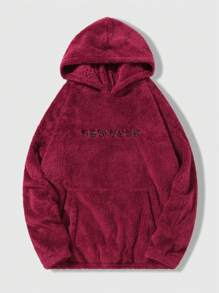 男士字母刺繡袋鼠口袋絨毛連帽家居服上裝 - 酒紅色 - 查看 1