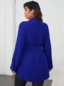 Firerie Plus Patched Pocket Belted Shirt Spring To Summer - Royal Blue - View 2