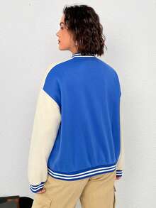SHEIN EZwear Plus Slogan & Star Drop Shoulder Two Tone Varsity Jacket - Multicolor - View 2