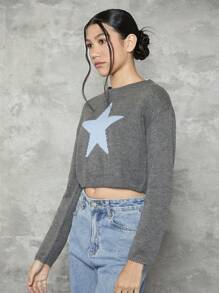 Teen Girl Star Pattern Drop Shoulder Crop Sweater - Multicolor - View 3