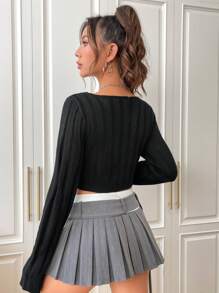 SHEIN EZwear Solid Lettuce Trim Asymmetrical Hem Crop Sweater