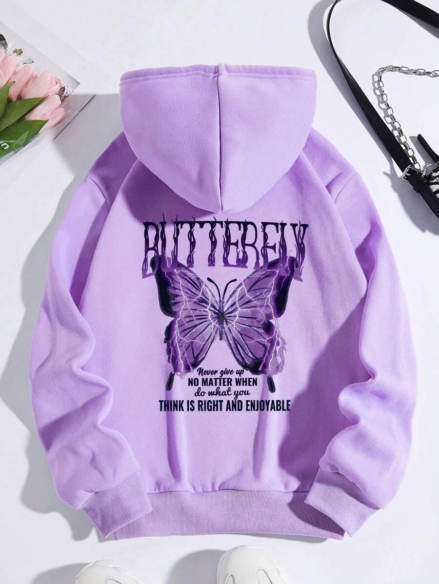 INAWLY Slogan & Butterfly Print Kangaroo Pocket Drawstring Thermal Hoodie BUTTERFLY Never Give Up NO MATTER WHEN Do What You THINK IS RIGHT AND ENJOYABLE,Long Sleeve Tops - Lilac Purple - View 1