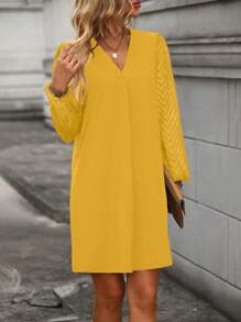 EMERY ROSE Solid V-neck Lantern Sleeve Dress - Ginger - View 1