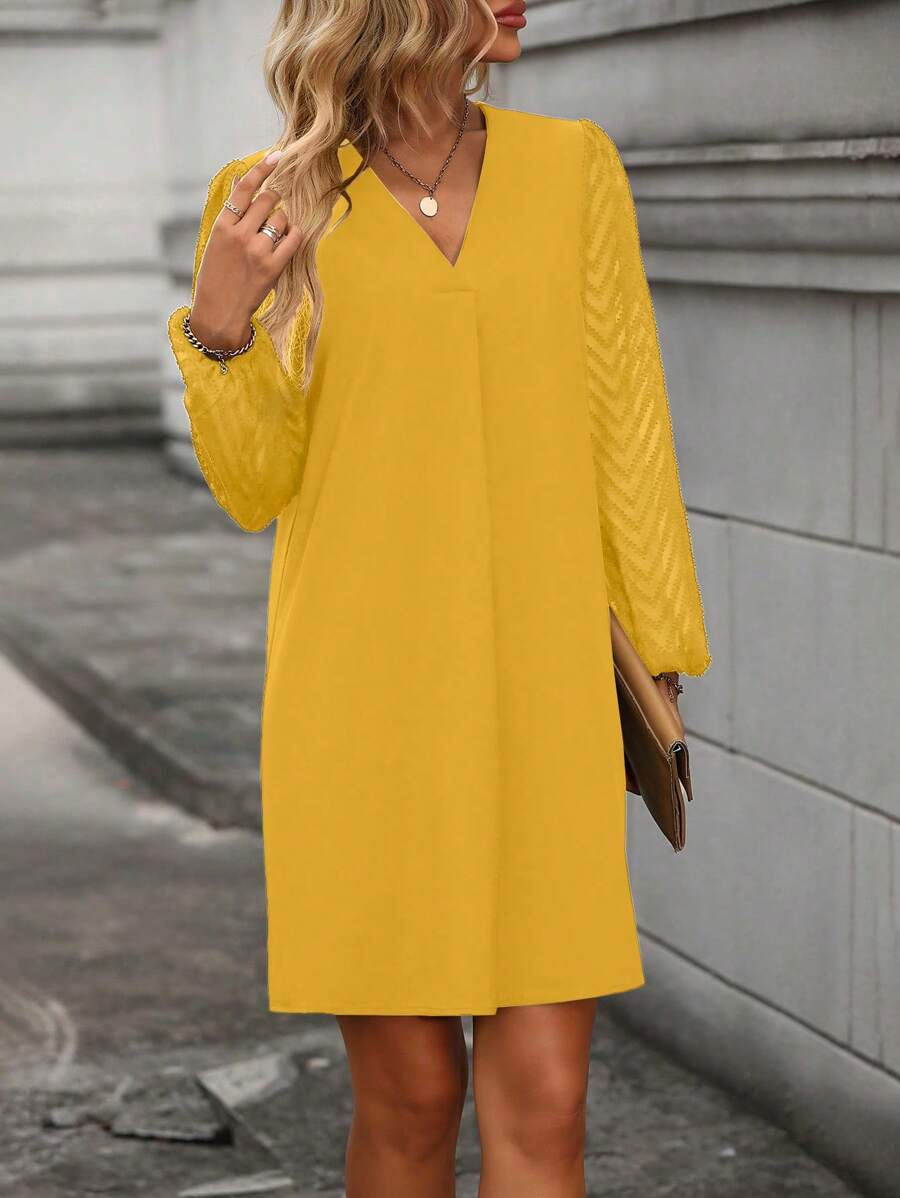 EMERY ROSE Solid V-neck Lantern Sleeve Dress - Ginger - View 1