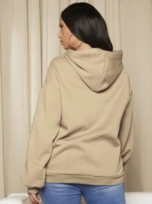 SHEIN SXY Plus Size Cartoon & Slogan Graphic Drop Shoulder Drawstring Sweatshirt - Apricot - View 2