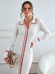 SHEIN Privé Contrast Trim Ribbed Knit Sweater Dress - White - View 3
