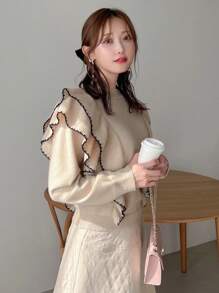 FRIFUL Tương phản ràng buộc Viền Ruffle Áo len - Màu be - Xem 1