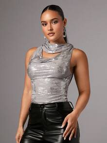 SHEIN BAE cổ áo xếp nếp Cắt ra phía trước áo có mũ Áo ba lỗ - Xám - Xem 4