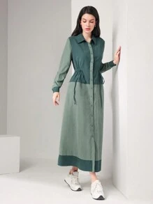 Mulvari Vestido camisero de dos tonos de cintura con cordón - Verde - Ver 3