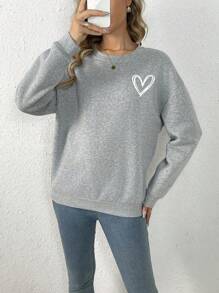 SHEIN LUNE Heart Print Drop Shoulder Sweatshirt - Grey - View 3